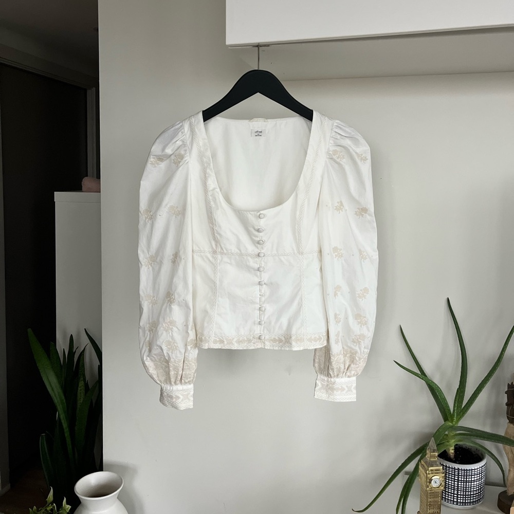 Aritzia Wilfred Palo Santo White Boho Embroidery Casual Blouse Sz XS, S - Picture 8 of 12